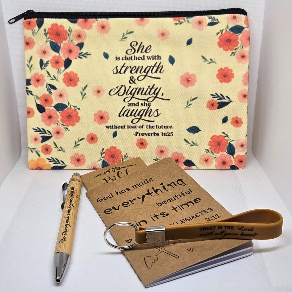 NEW INSPIRATIONAL FAITH CANVAS POUCH, NOTEPAD, PEN, BOOKMARK & KEYCHAIN GIFT SET